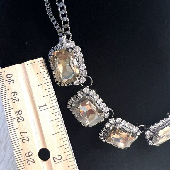 FAUX CITRINE RHINESTONE GLASS SILVER TONE CHOKER DOUBLE CHAIN NECKLACE 16.5"+ 3" - Picture 10 of 10